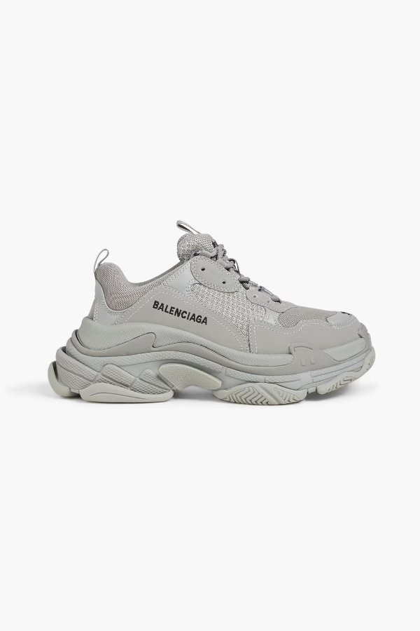 Triple S embroidered mesh and faux leather exaggerated-sole sneakers