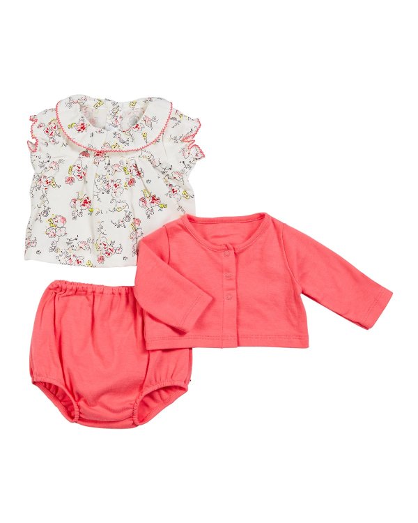 Ruffle Collar Floral Top w/ Solid Cardigan & Bloomers, Size 3-18 Months