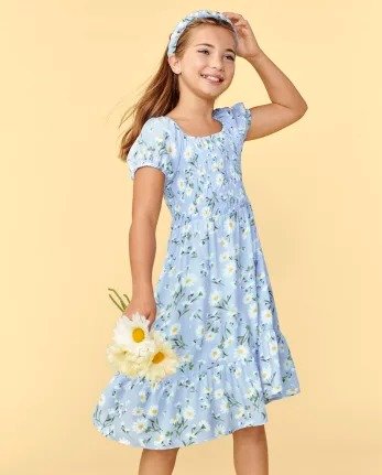 Girls Mommy And Me Short Puff Sleeve Floral Print Woven Tiered Dress | The Children's Place - WHIRLWIND