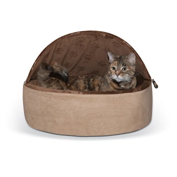 Chocolate and Tan Self Warming Hooded Cat Bed, 20" L x 20" W | Petco