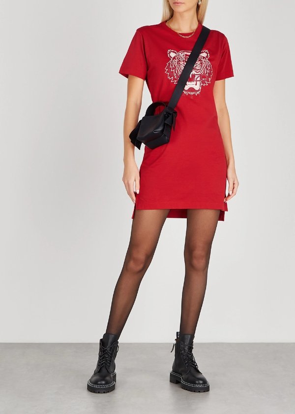 Red tiger-print cotton T-shirt dress