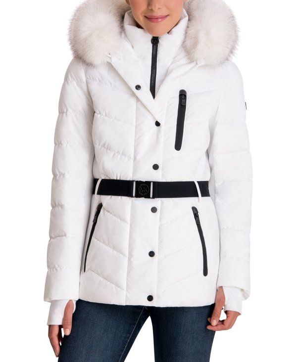 Belted Faux-Fur Trim Hooded Puffer Coat