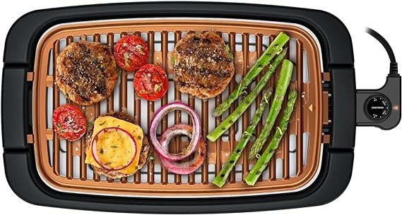 Smokeless Indoor Electric Grill, Copper, Extra Large, Nonstick Table Top Grill for Indoor Grilling and BBQ with Adjustable Temperature Control, Nonstick Dishwasher-Safe Parts, 9" x 15"