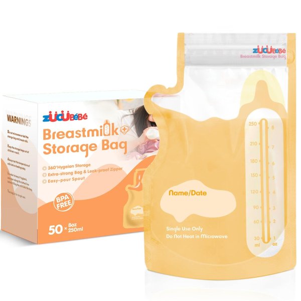 Breastmilk Storage Bags(50PCS)，8oz Milk Storage Bags for Breastfeeding，BPA Free with Easy Pour Spout, Self Standing, for Refrigeration and Freezing, Yellow