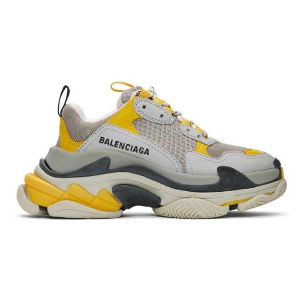 - Grey & Yellow Triple S Sneakers