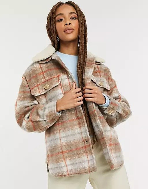 sherpa collar shacket in brown plaid 