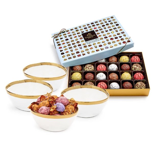 Gold Trim Bowls & Chocolate Patisserie Dessert Truffles Gift Set