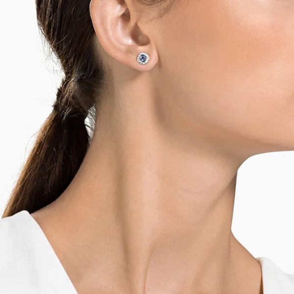 Angelic Square Pierced Earrings, Blue, Rhodium plated by SWAROVSKI