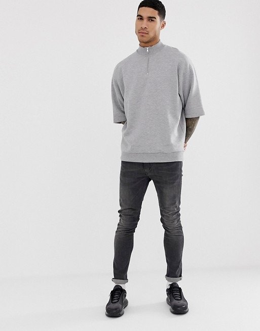 DESIGN oversized short sleeve sweatshirt with zip neck in gray marl |