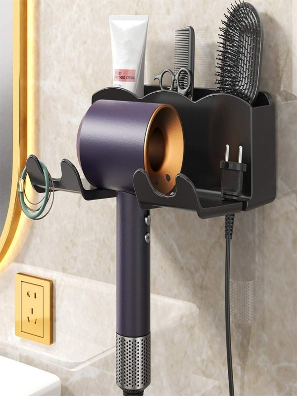 1pc Wall-mounted Hair Dryer Holder, Bathroom Hands-free Stand, Hair Dryer Rack, Hair Dryer Storage Shelf, Suitable For Bathroom, Living Room