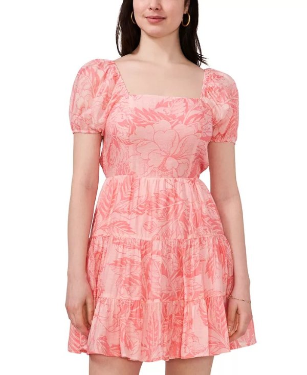 Women's Floral Puff-Sleeve Fit & Flare Dress
