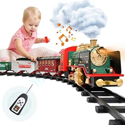 Train Set - Rechargeable Battery and Remote - Around The Christmas Tree with Water Steam, Music & Lights - Electric Train Toy Gift Toys for Age 3 4 5 6 7 8+ Kids Toddlers