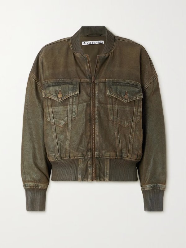 Oversized distressed denim-trimmed faux leather jacket