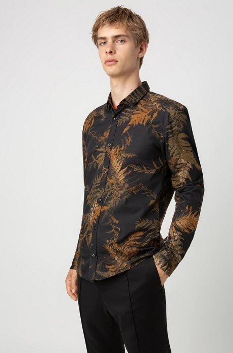 Extra-slim-fit shirt in leaf-print cotton