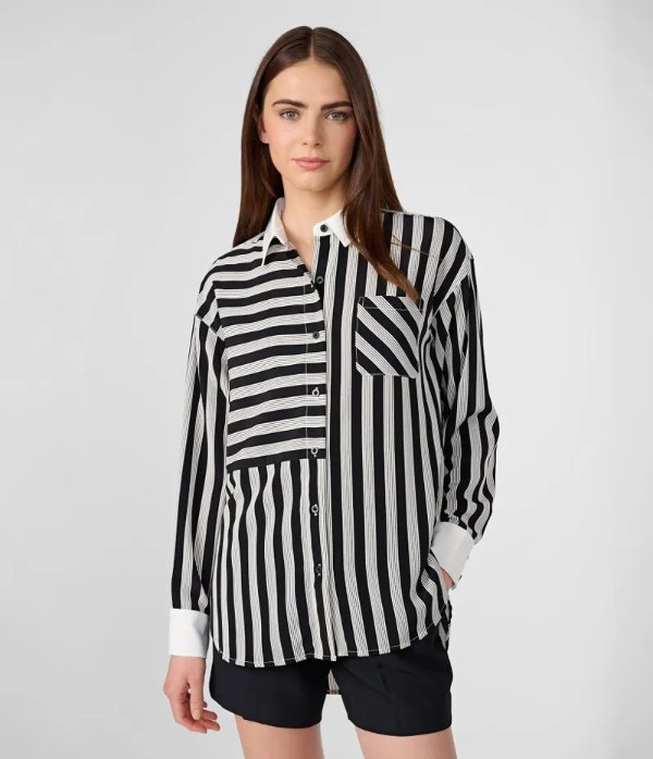 OVERSIZED STRIPED SILKY CREPE BUTTON DOWN