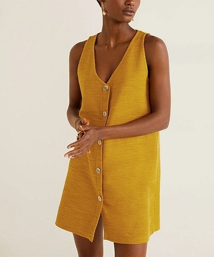 Mustard V-Neck Button-Up Sleeveless Jaqjun Dress - Women