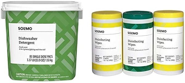 Amazon Brand - Solimo Dishwasher Detergent Pacs, Fresh Scent, 85 Count & Solimo Disinfecting Wipes, Lemon Scent & Fresh Scent, 75 Wipes Each (Pack of 3)