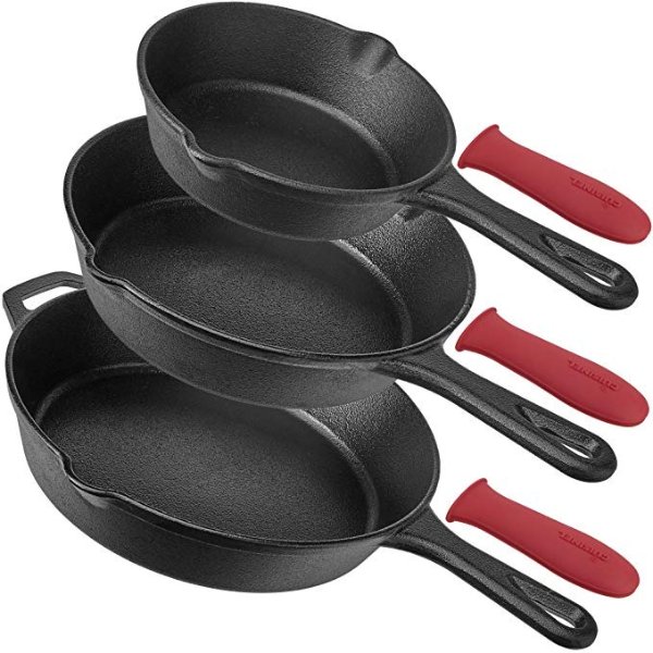 Pre-Seasoned Cast Iron Skillet 3-Piece Chef Set (6-Inch 8-Inch and 10-Inch) Oven Safe Cookware | 3 Heat-Resistant Holders | Indoor and Outdoor Use | Grill, Stovetop, Induction Safe