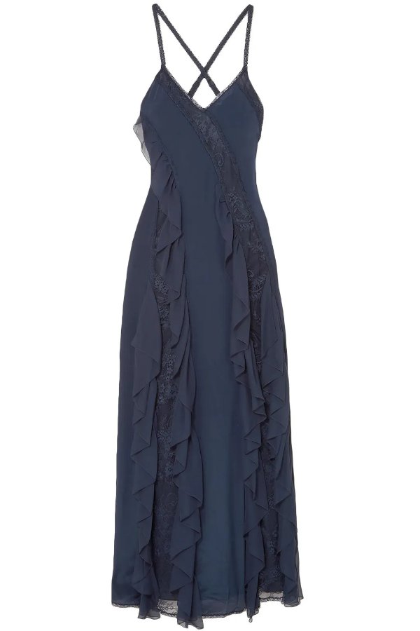Jayda Chantilly lace-paneled ruffled silk-georgette maxi dress