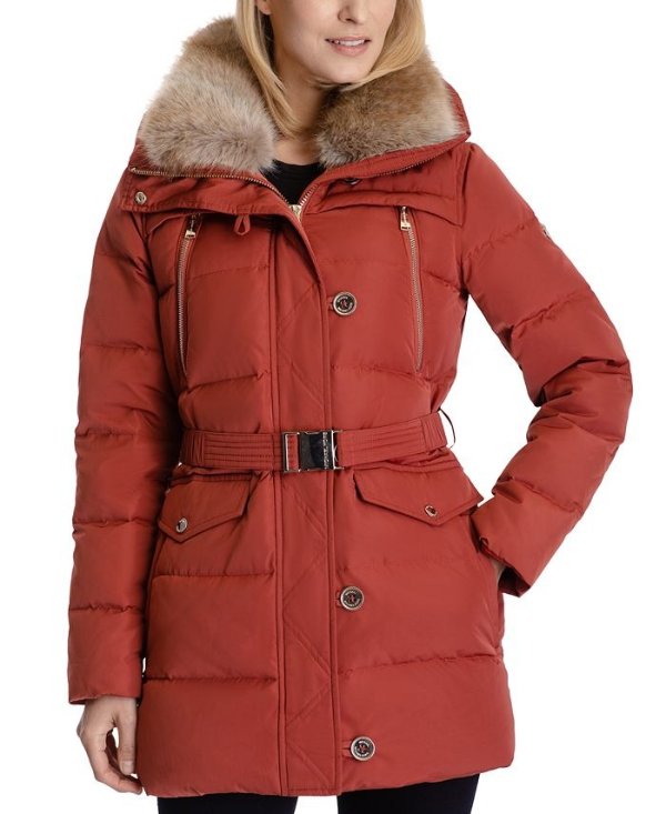 Faux-Fur-Collar Hooded Down Puffer Coat, Created for Macy's