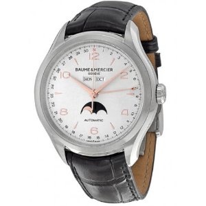 Baume and Mercier Clifton Silver Dial Moonphase Black Alligator Leather Men's Watch 10055