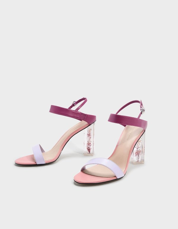 Pink Floral Lucite Heel Sandals | CHARLES & KEITH