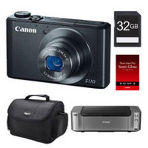 Canon PowerShot S110 Black Digital Camera, 16GB Card/ Pro 100 Printer/Paper Kit 