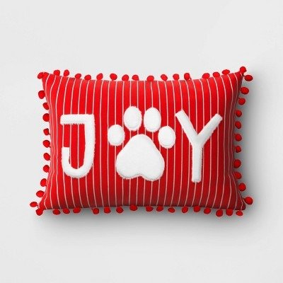 18"x12" Reversible 'Joy' with Paw Print to Snowflakes Rectangle Lumbar Pillow Red/White - Wondershop™