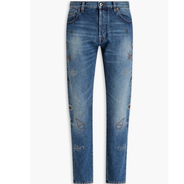 Slim-fit studded faded denim jeans