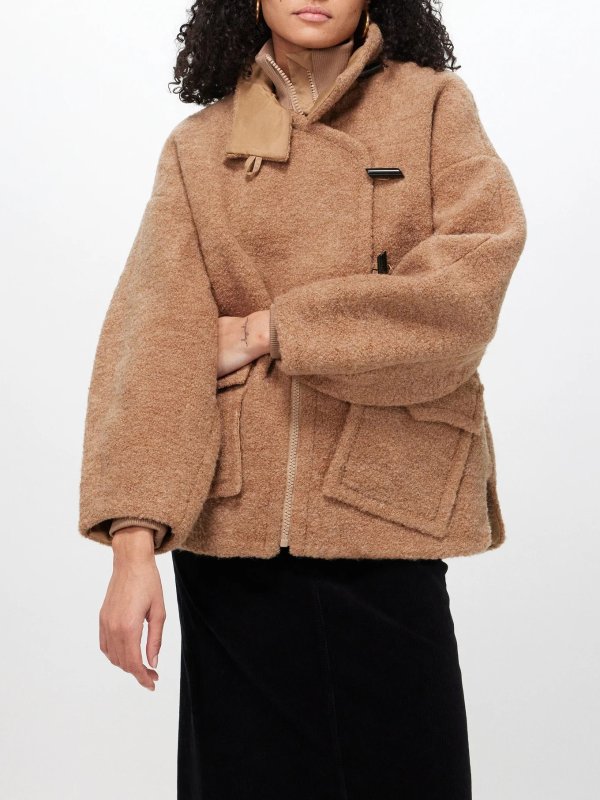 Asymmetric boucle wool-blend duffel jacket