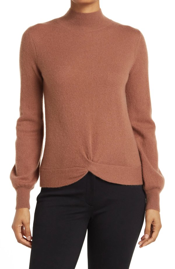 Puff Sleeve Twist Front Cashmere Sweater