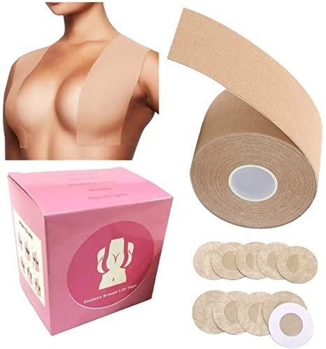 Boobs Tape - Breast Lift Tape 2" x 16" and 10 Pair Disposable Round Nipple Cover, Push up Boobs A to DD Cup Adhesive Bra … Beige
