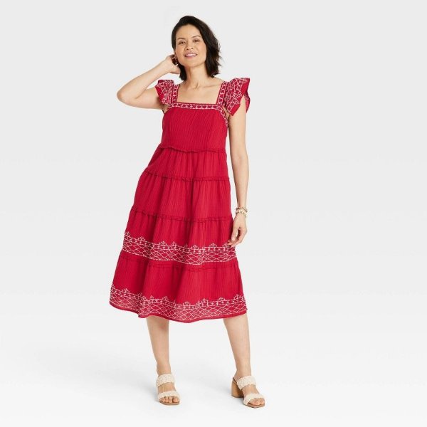 Women's Ruffle Short Sleeve Embroidered Tiered A-Line Dress - Knox Rose™