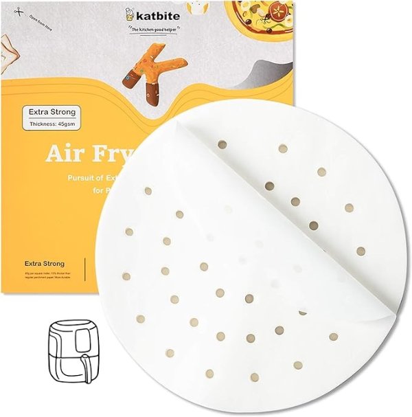 Katbite Air Fryer Parchment Paper Liners 120Pcs, 7.5 inch Perforated Parchment Paper, Heavy Duty & Non-stick Round Parchment Paper for Air Fryer Basket, Bamboo Steamer, Metal Steamer