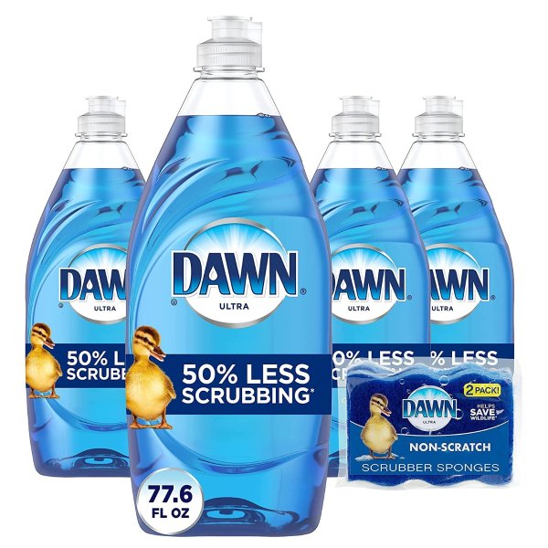 Dawn 强效洗洁精 19.4 Fl oz 4瓶+2片洗碗海绵