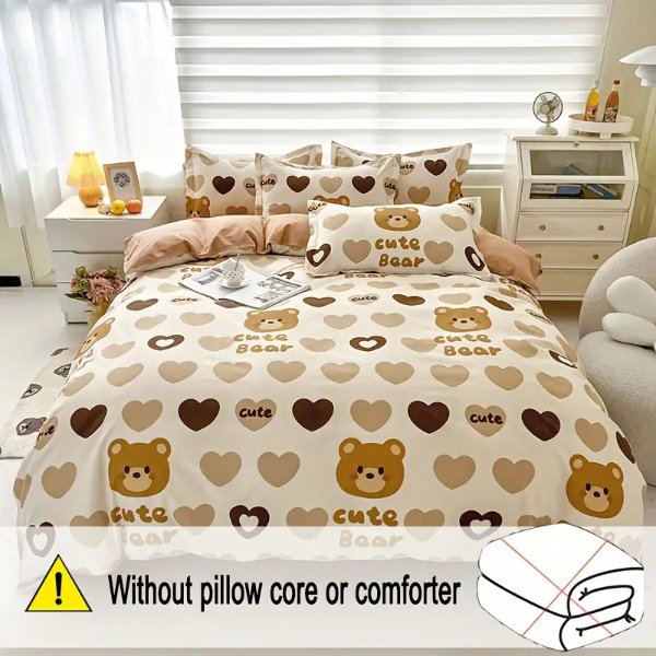 2/3pcs Heart Bear Printed Duvet Cover Set, (1 Duvet Cover + 1/2 Pillowcases), Without Core And Quilt Core, For Bedrooms, Guest Rooms, Bedding Set For All Seasons