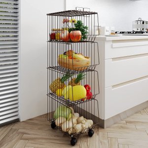 WHIFEA 4 Tier Metal Wire Basket with Wheels and Cover Stackable Rolling Cart