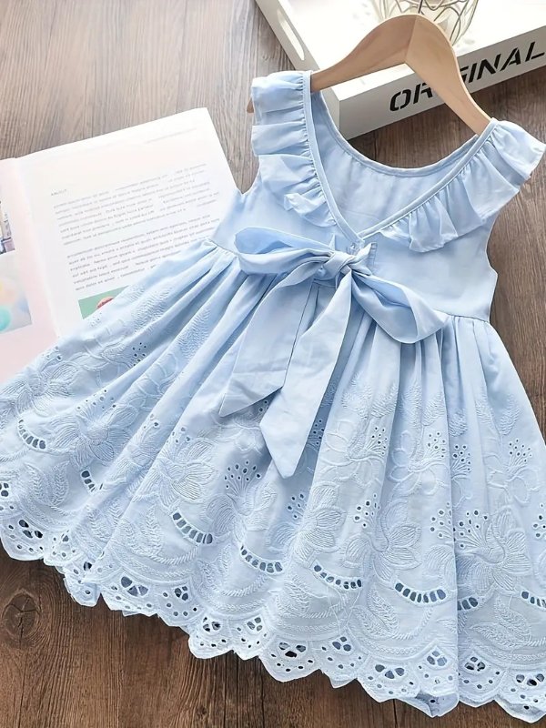 Girls Solid 100% Cotton Ruffle Trim Bow Decor Sleeveless Dress For Summer Party Gift