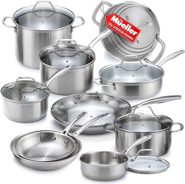 Pots and Pans Set 17-Piece, Ultra-Clad Pro Stainless Steel Cookware Set, Ergonomic EverCool Handle, Includes Saucepans, Skillets, Dutch Oven, Stockpot, Steamer More