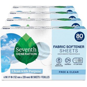 Seventh Generation Dryer Sheets, Fabric Softener, Free and Clear, 80 count, 4 Pack