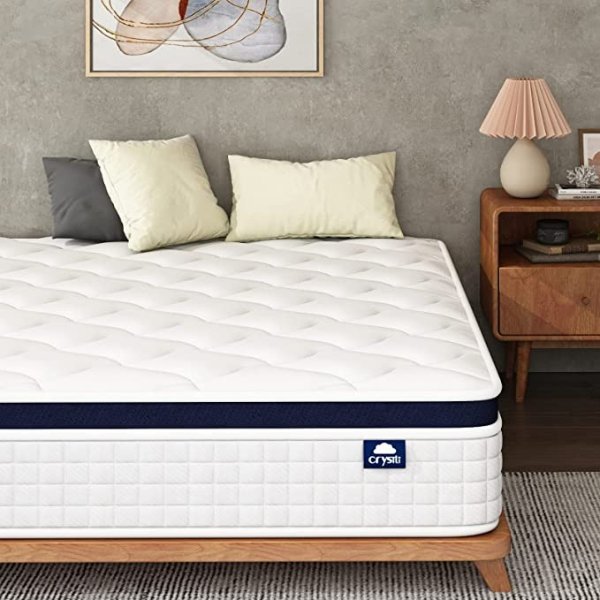 Full Size Mattress Bed in A Box, Crystli 10 Inch Hybrid Mattress with Zero Pressure Foam, Innerspring Mattress for Pressure Relief & Cool Sleep, Motion Isolation, Medium Firm, CertiPUR-US Certified