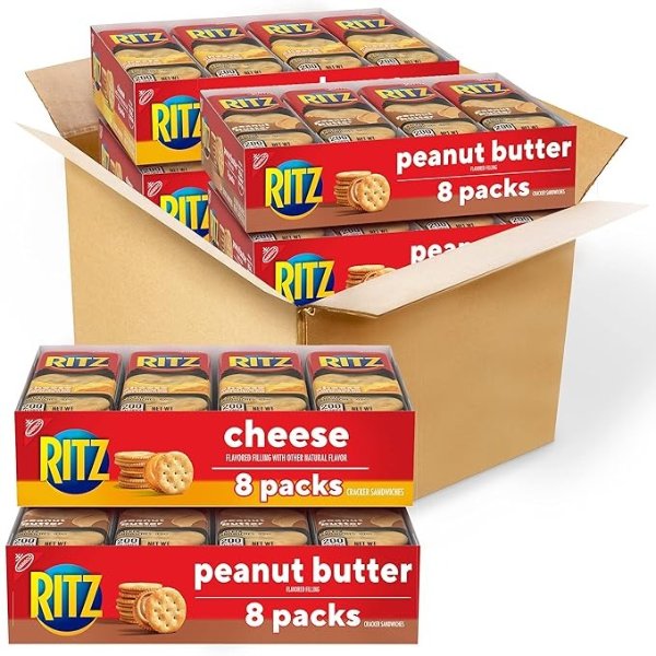 Peanut Butter Sandwich Cracker Snacks and Cheese Sandwich Crackers, Snack Crackers Variety Pack, 32 Snack Packs