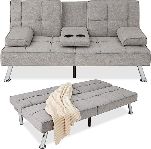 Linen Upholstered Modern Convertible Folding Futon Sofa Bed for Compact Living Space, Apartment, Dorm, Bonus Room w/Removable Armrests, Metal Legs, 2 Cupholders - Light Gray
