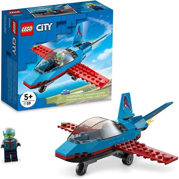 City Stunt Plane 60323 Building Kit; Toy Jet with Decorated Tail Fins and an Opening Cockpit, Plus a Pilot Minifigure with a Helmet; Fun Action Toy, Designed for Kids Aged 5 and up (59 Pieces)