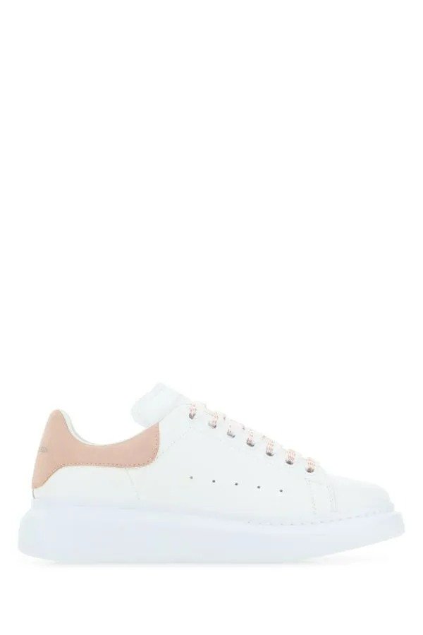 White leather sneakers with powder pink suede heel