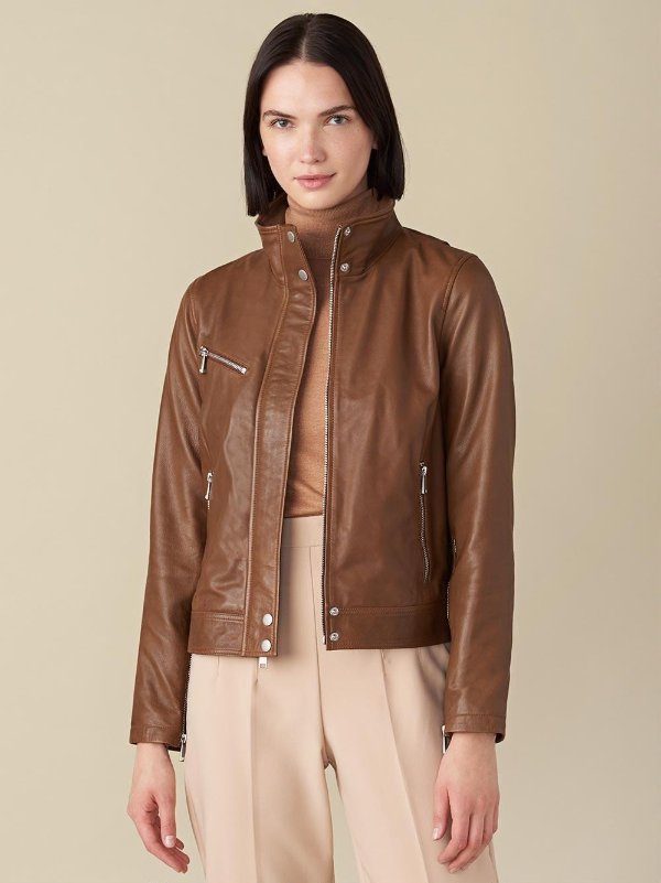 Olivia Genuine Leather Jacket with Stand Collar
