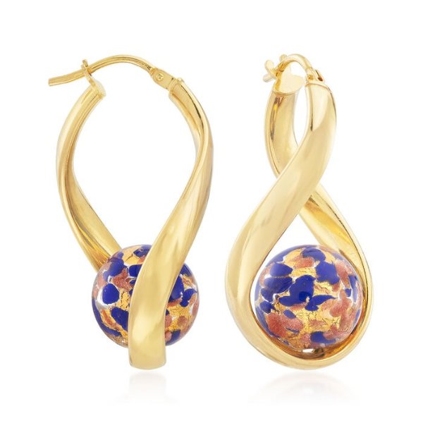 Italian Blue Murano Glass Bead Twisted Hoop Earrings in 18kt Gold Over Sterling. 1 1/4&quot; | Ross-Simons
