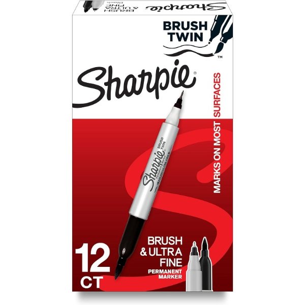 Brush Twin Permanent Marker, Brush Tip Marker and Ultra Fine Tip Marker, Black, 12 Count