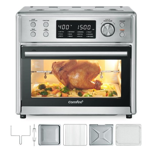 COMFEE' Toaster Oven Air Fryer Combo, 12-in-1 Air Fryer Oven with Rotisserie, 6 Slice Toast 12' Pizza, Double Layer, Countertop Convection, 25L/26.4QT, Precise Temp Control, 6 Accessories