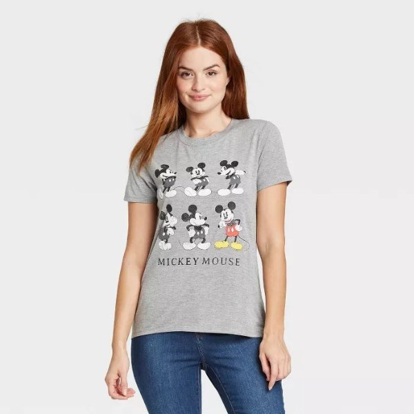 Women's Mickey Mouse Grid Short Sleeve Graphic T-Shirt - Gray